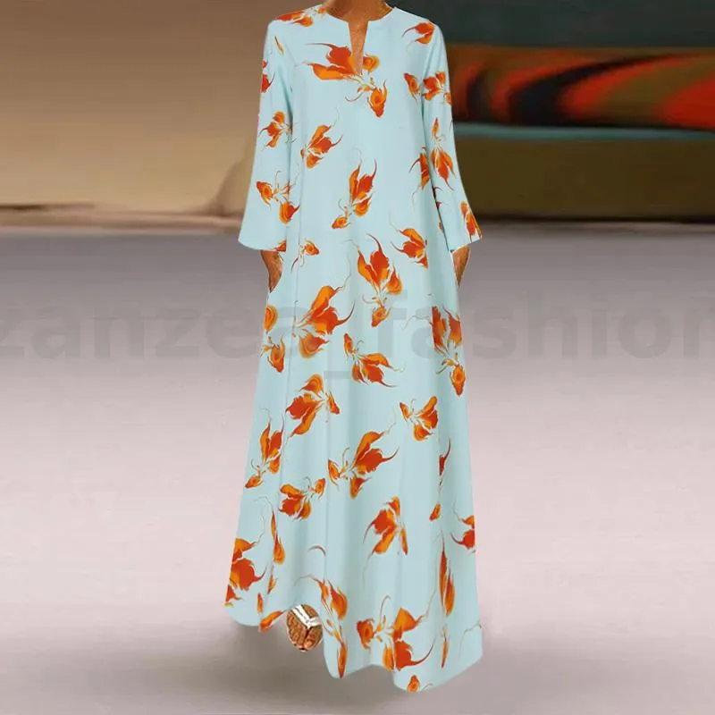 Womens Long Sleeve V Neck Sundress Floral Printed Party Gown Prom Maxi Dress S3494011