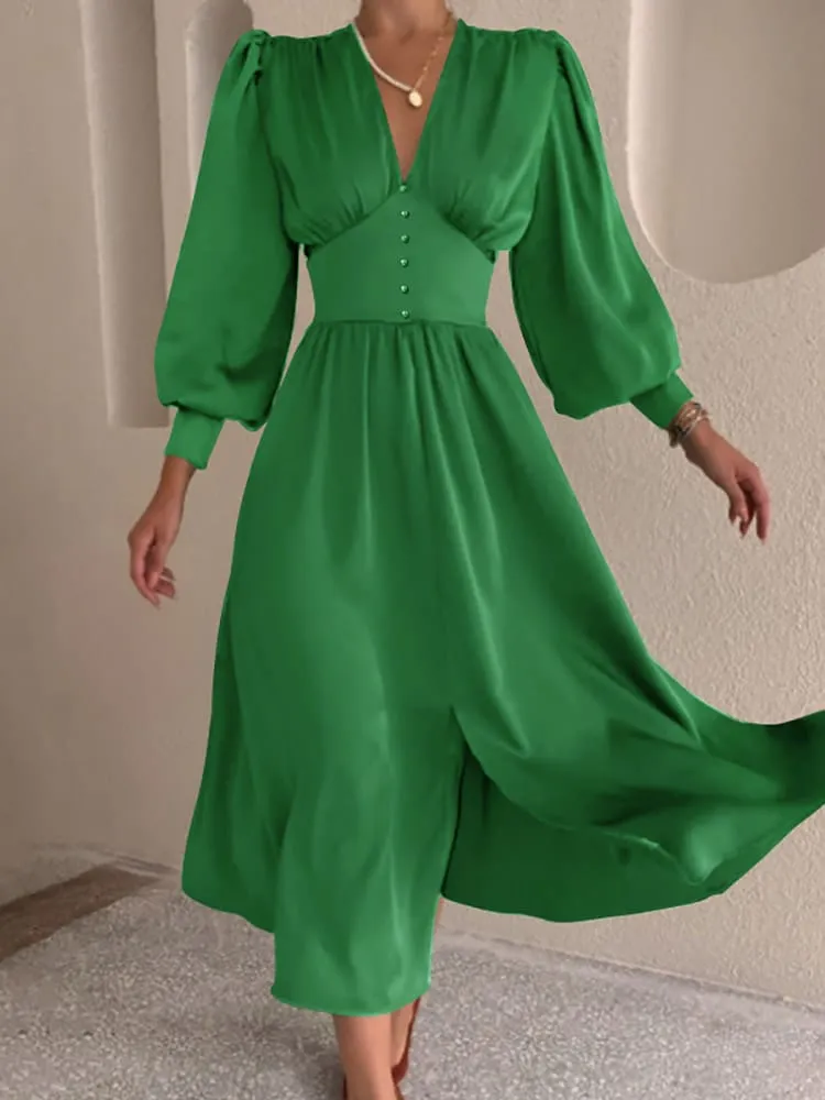 ZANZEA Women Maxi Long Dress Vintage Solid Puff Sleeve Bohemian Sexy V Neck Vestidos Oversized Spring Autumn Party Sundress S4503286