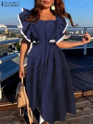 ZANZEA Women Printed Shirt Dress Summer Sleeveless Maxi Vestidos Fashion Ruffle Sleeve Sundress Lace Patchwork Party Robes S4551101